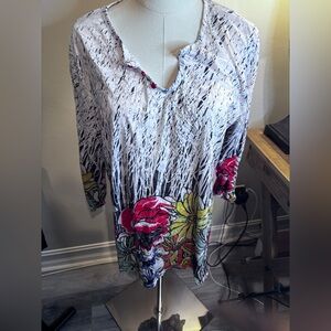 SHANE Women's Tunic - White with Red and Yellow Floral Large